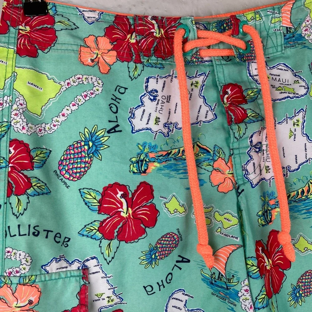 Hollister Board Shorts Mens Size M Hawaiian Map Tropical‎ Swim Beach Surf Pool